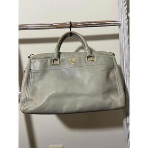Prada gray glace calf leather 2way hand tote bag w strap